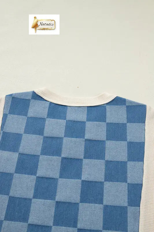 Dusk Blue Checkered Denim Patchwork Short Sleeve Loose Top Dear-Lover Dropshipping