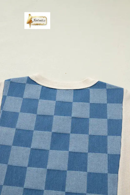 Dusk Blue Checkered Denim Patchwork Short Sleeve Loose Top Dear-Lover Dropshipping