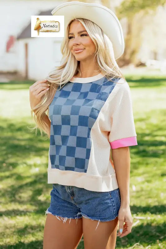 Dusk Blue Checkered Denim Patchwork Short Sleeve Loose Top Dear-Lover Dropshipping