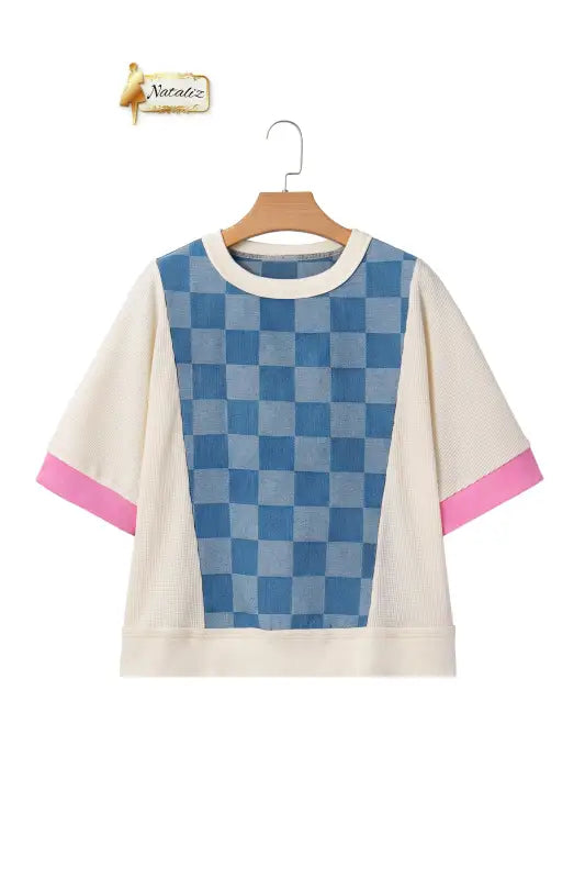 Dusk Blue Checkered Denim Patchwork Short Sleeve Loose Top Dear-Lover Dropshipping