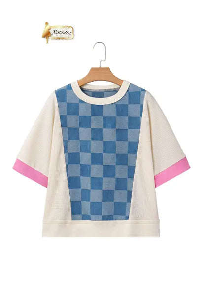Dusk Blue Checkered Denim Patchwork Short Sleeve Loose Top Dear-Lover Dropshipping