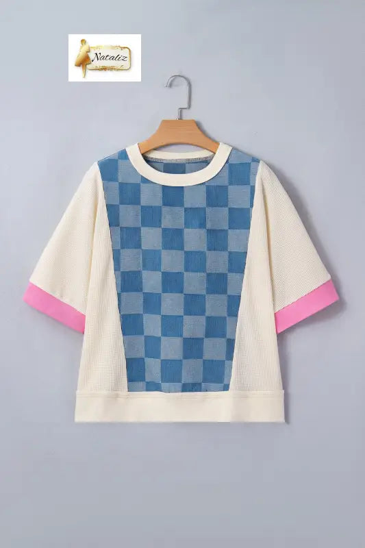 Dusk Blue Checkered Denim Patchwork Short Sleeve Loose Top Dear-Lover Dropshipping