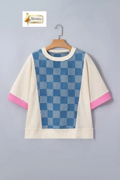 Dusk Blue Checkered Denim Patchwork Short Sleeve Loose Top Dear-Lover Dropshipping