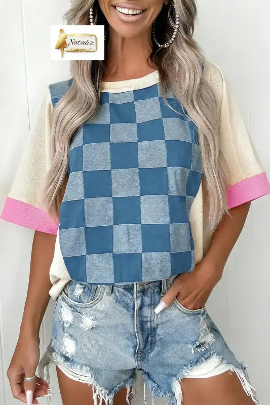 Dusk Blue Checkered Denim Patchwork Short Sleeve Loose Top Dear-Lover Dropshipping