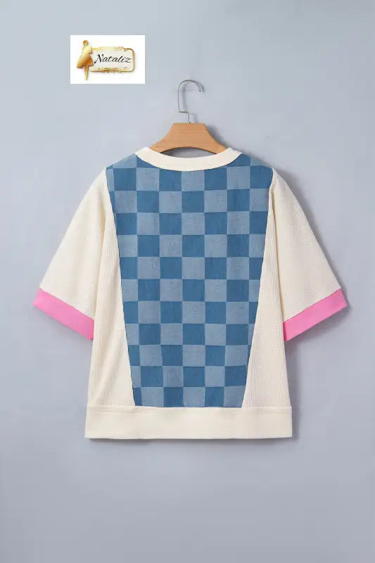 Dusk Blue Checkered Denim Patchwork Short Sleeve Loose Top Dear-Lover Dropshipping