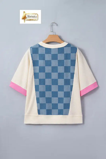 Dusk Blue Checkered Denim Patchwork Short Sleeve Loose Top Dear-Lover Dropshipping