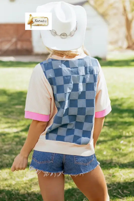Dusk Blue Checkered Denim Patchwork Short Sleeve Loose Top Dear-Lover Dropshipping