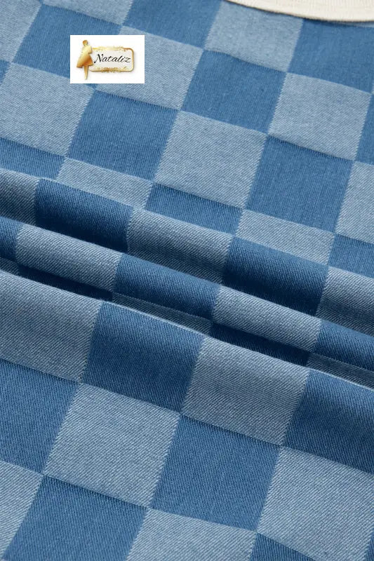 Dusk Blue Checkered Denim Patchwork Short Sleeve Loose Top Dear-Lover Dropshipping