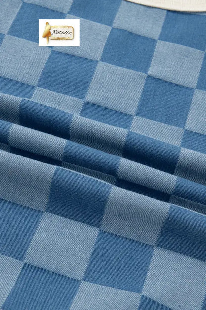 Dusk Blue Checkered Denim Patchwork Short Sleeve Loose Top Dear-Lover Dropshipping