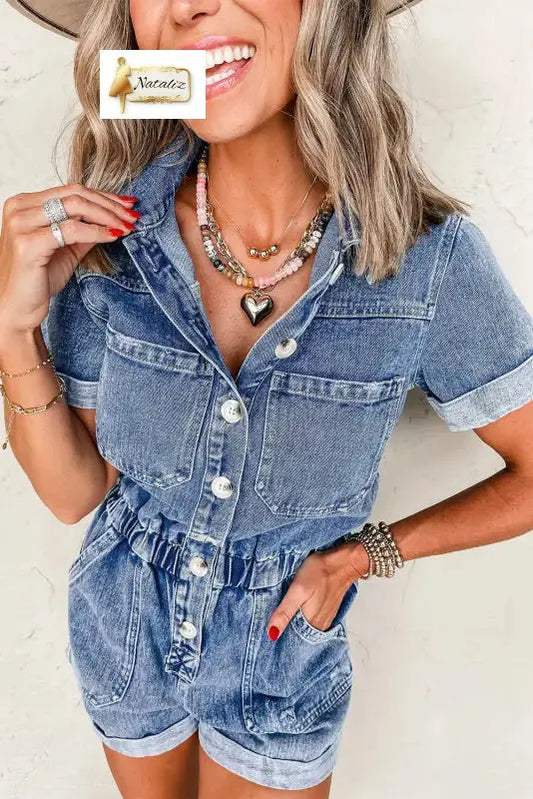 Dusk Blue Chest Pocket Front Buttoned Folded Edge Denim Short Sleeve Romper Dear-Lover Dropshipping