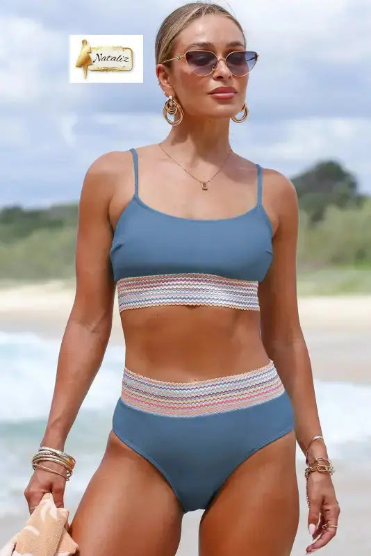 Dusk Blue Colorful Stitch Border Detail 2pcs High Waist Bikini Swimsuit Dear-Lover Dropshipping