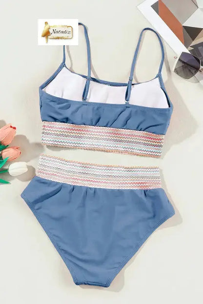 Dusk Blue Colorful Stitch Border Detail 2pcs High Waist Bikini Swimsuit Nataliz