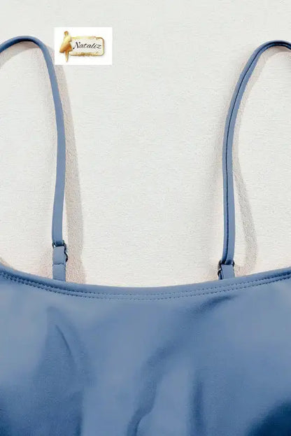 Dusk Blue Colorful Stitch Border Detail 2pcs High Waist Bikini Swimsuit Nataliz
