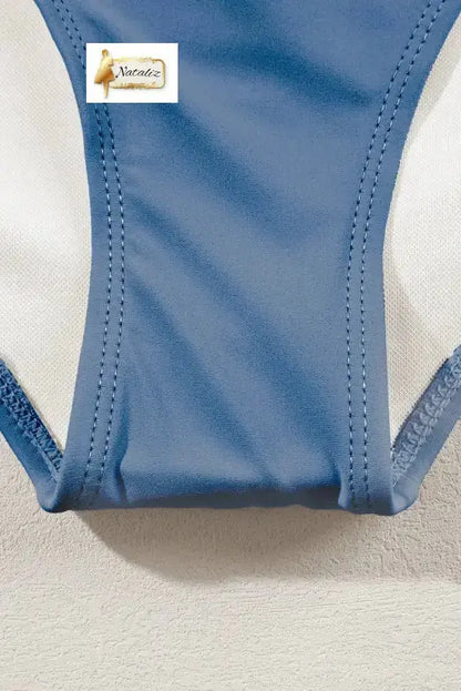 Dusk Blue Colorful Stitch Border Detail 2pcs High Waist Bikini Swimsuit Nataliz