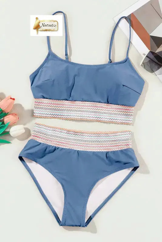 Dusk Blue Colorful Stitch Border Detail 2pcs High Waist Bikini Swimsuit Nataliz