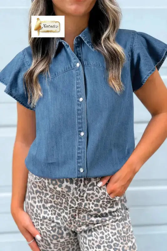 Dusk Blue Ruffled Short Sleeve Denim Shirt Dear-Lover Dropshipping