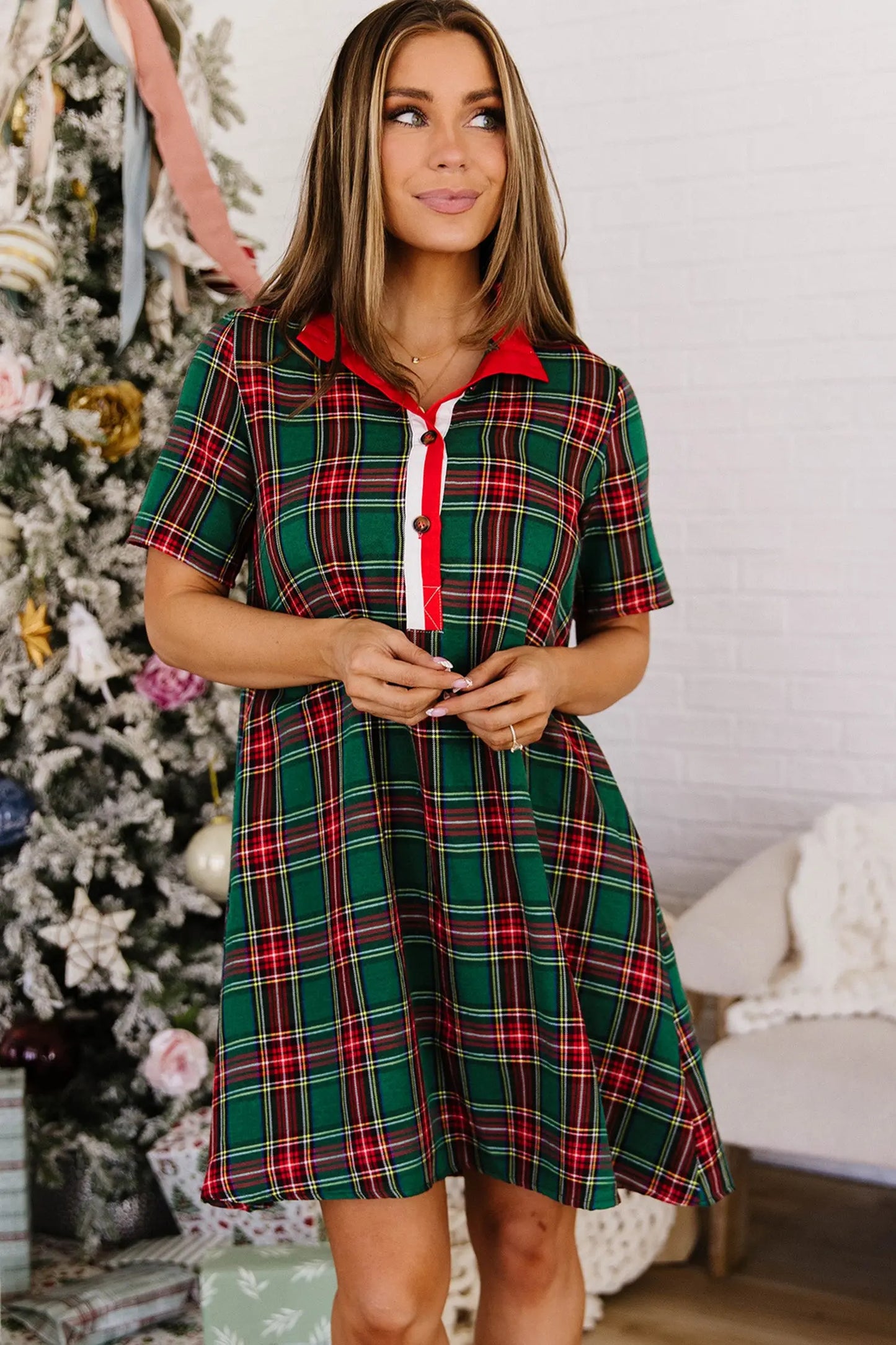 Green Plaid Button Front Short Sleeve Shift Dress