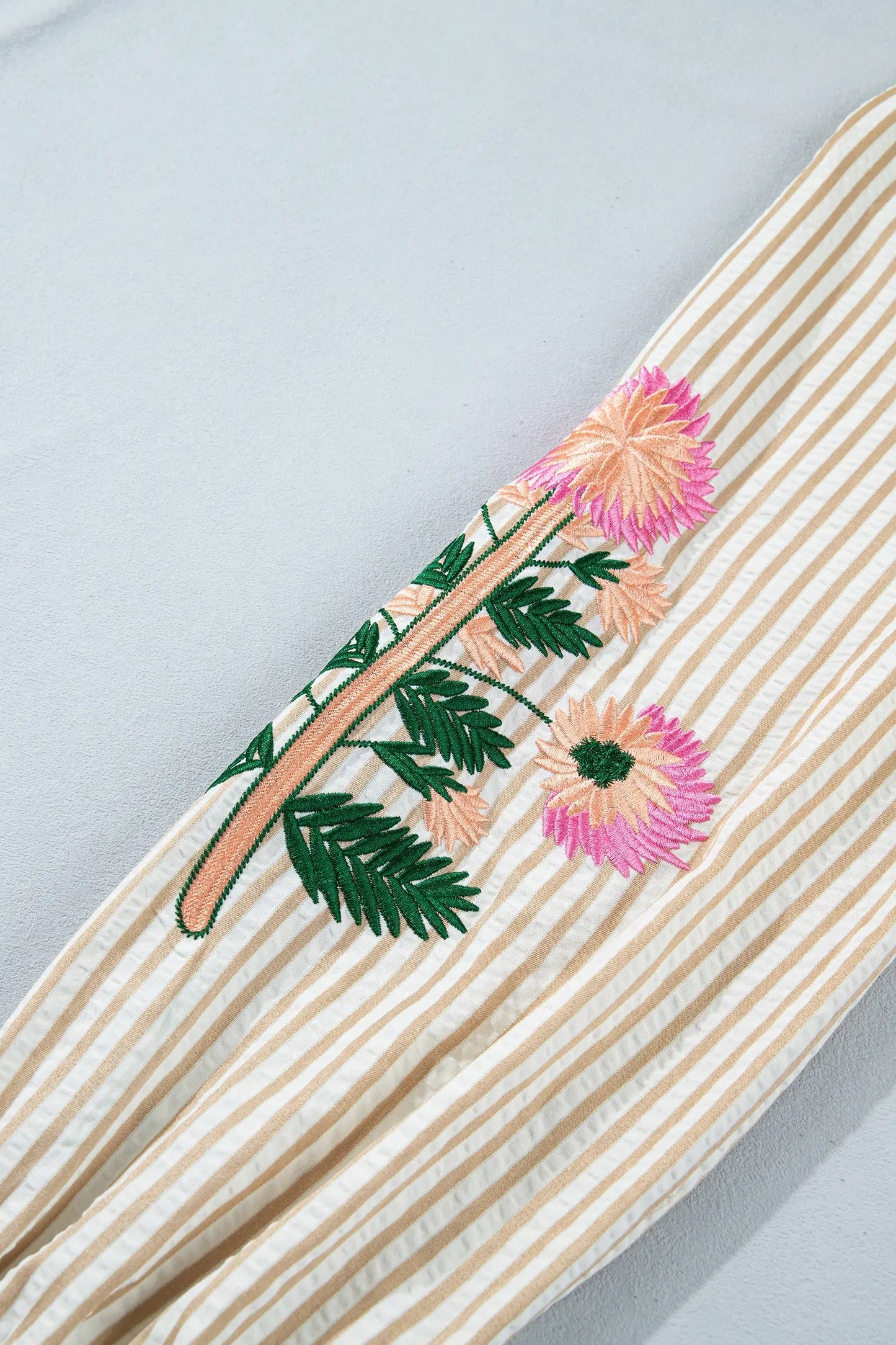 Khaki Stripe V Neck Floral Embroidered Long Sleeve Blouse