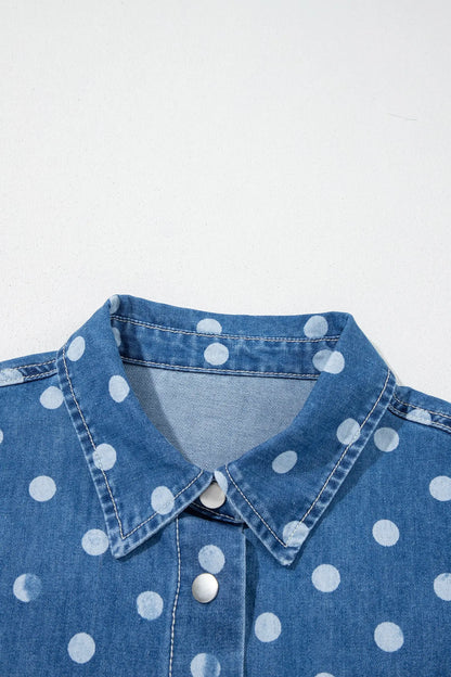 Blue Polka Dot Long Sleeve Collar Shift Tunic Denim Jacket