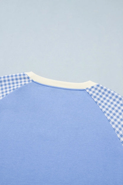 Beige Plaid Sleeve Colorblock Raglan Pullover Sweatshirt