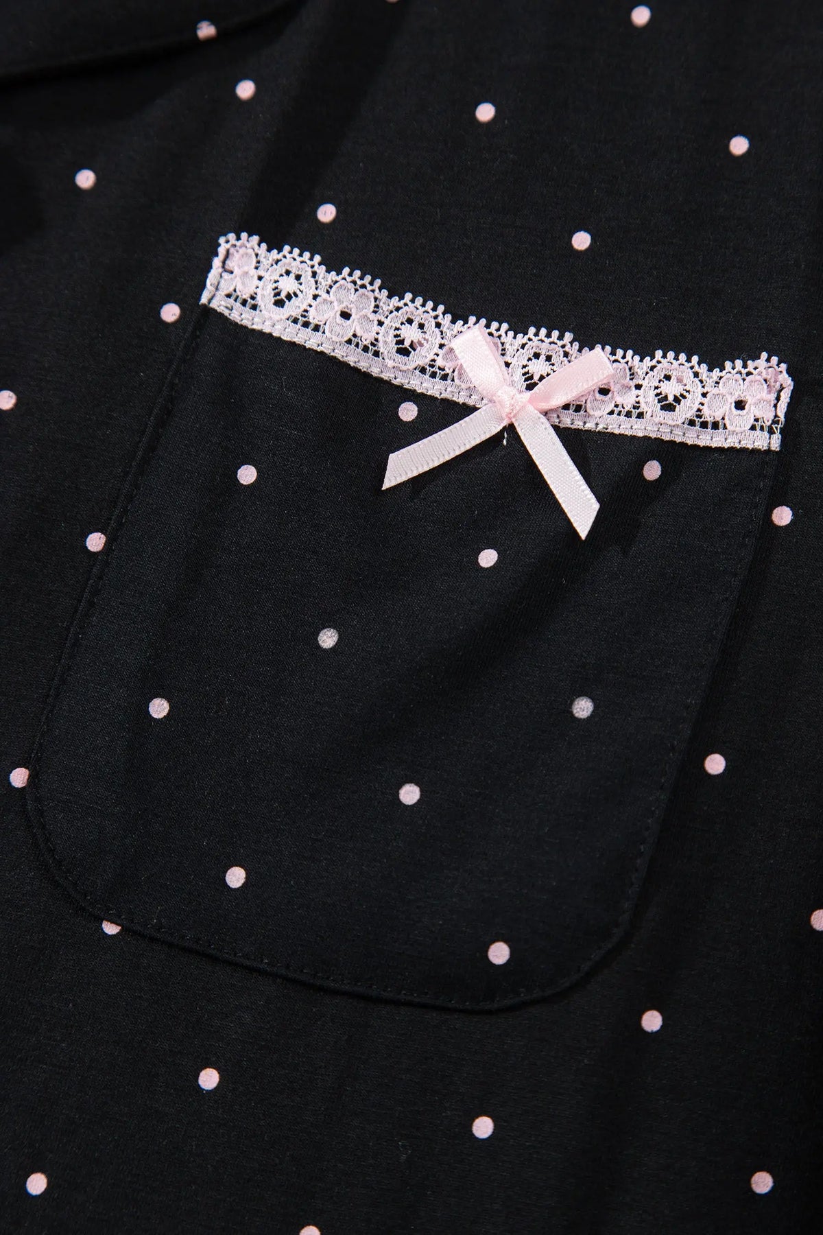 Black Polka Dot Long Sleeve Shirt Lace Detail Two Piece Pajama Pant Set