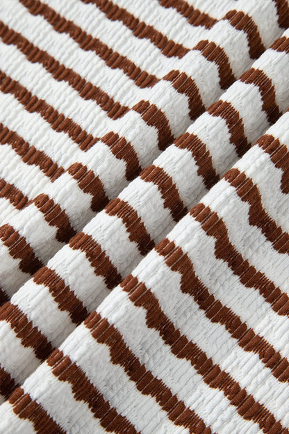 Brown Stripe Textured Knit Split Hem Half Sleeve Loose Top Dear-Lover Dropshipping