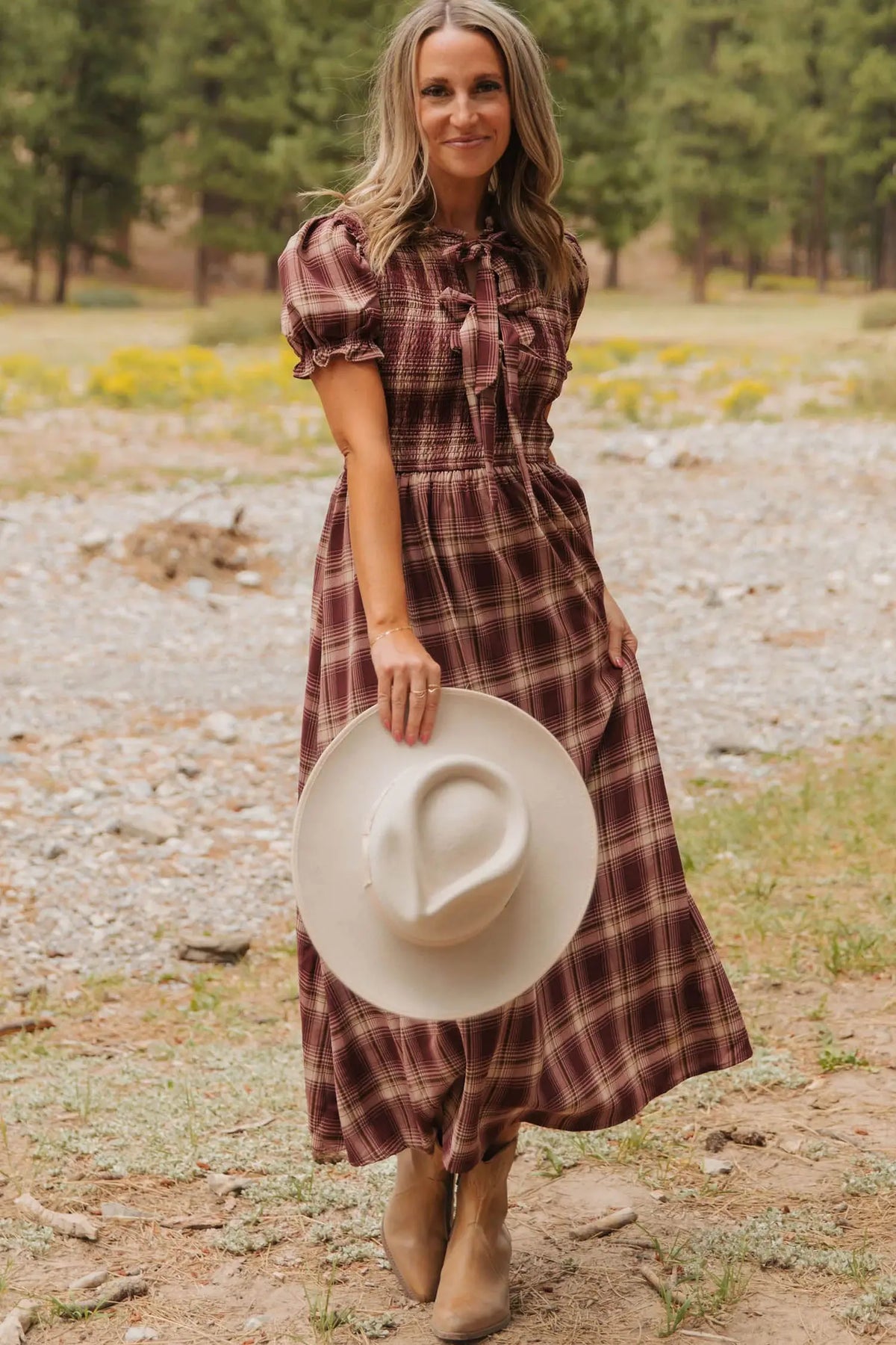 Red Vintage Plaid Knot Front Smocked High Waist Midi Dress model front view · nz-alt-v1