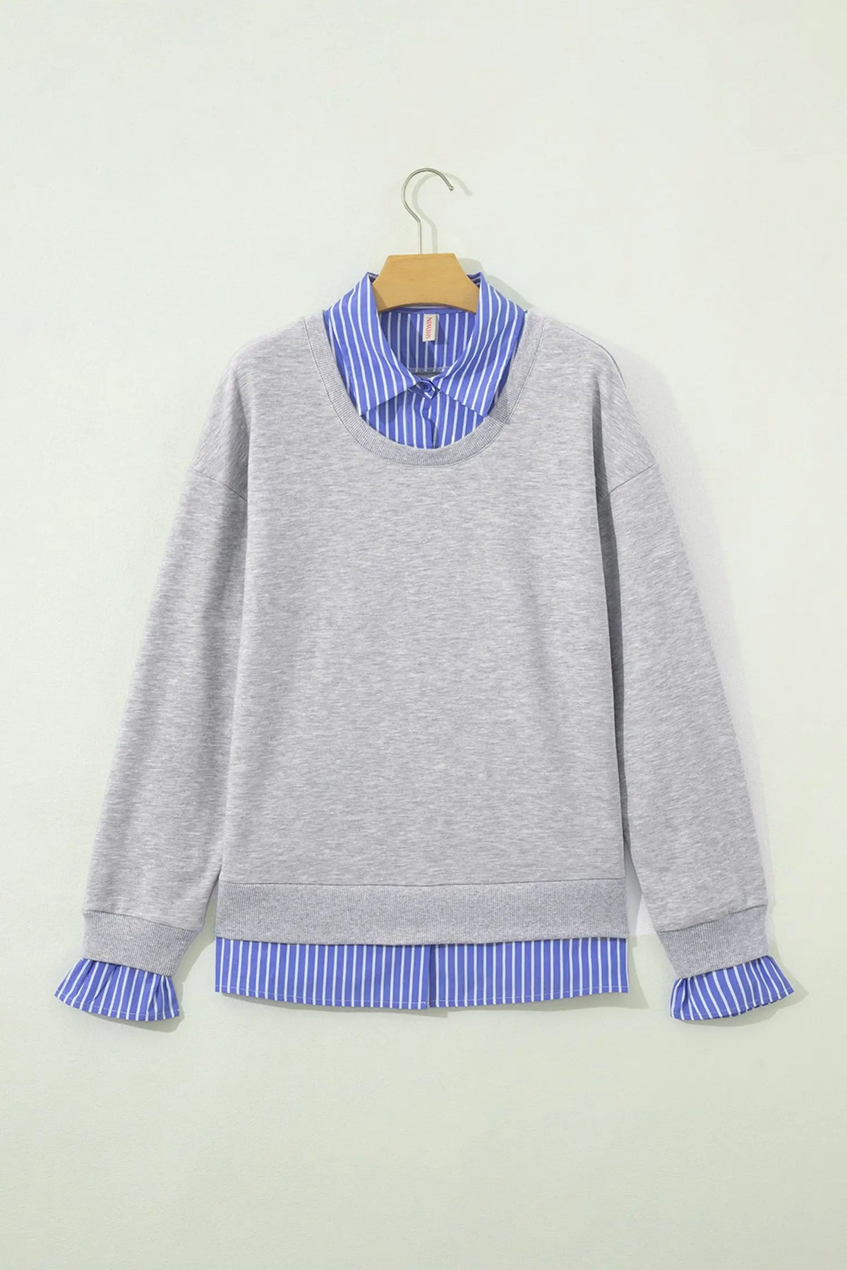 Light Grey Striped Collar 2-in-1 Patchwork Casual Loose Sweatshirt