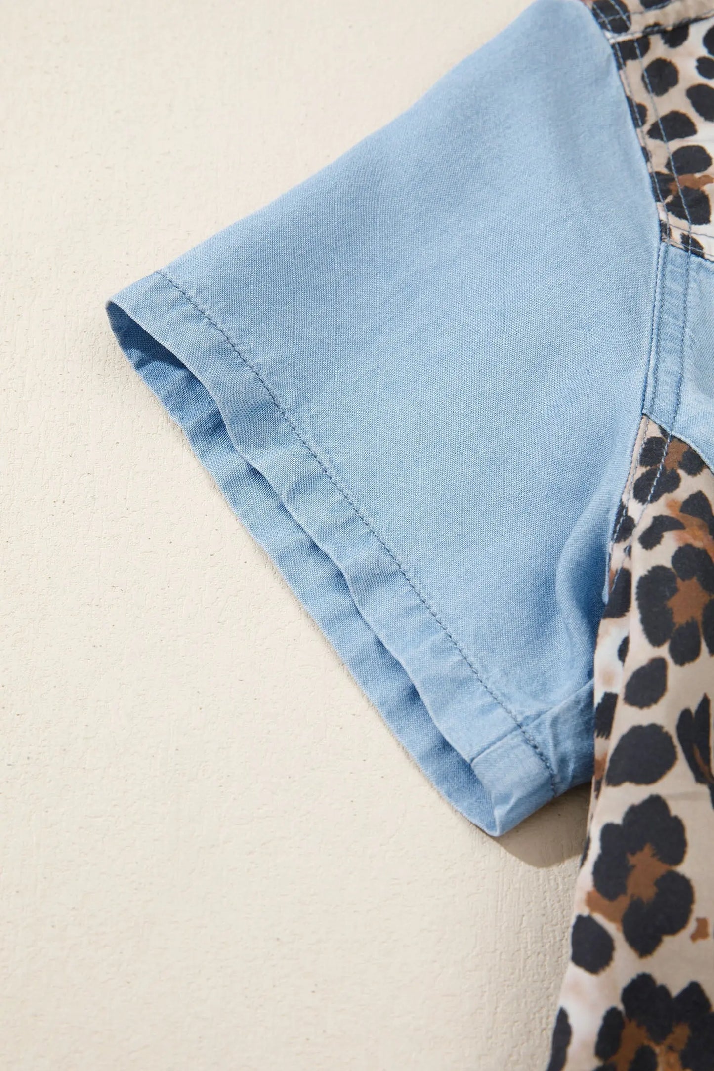 Myosotis Denim Color Block Leopard Patchwork Shirt Collar T Shirt Mini Dress Nataliz
