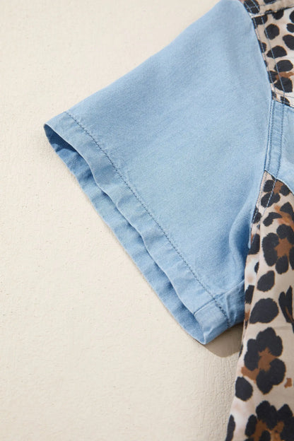 Myosotis Denim Color Block Leopard Patchwork Shirt Collar T Shirt Mini Dress Nataliz