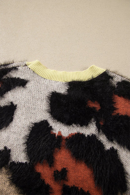 Khaki Leopard Print Drop Shoulder Long Sleeve Round Neck Sweater