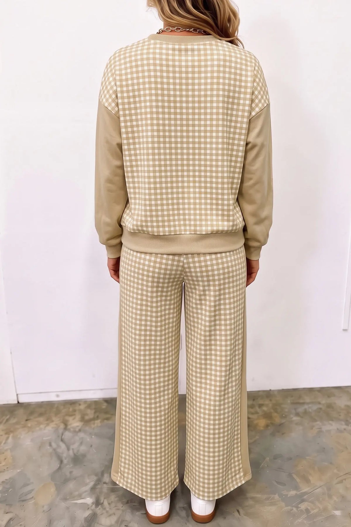 Green Color Block Plaid Patchwork Long Sleeve Pullover Wide Leg Pant Set