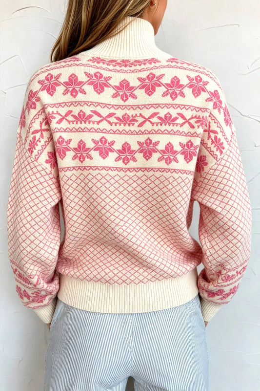 Sachet Pink Cozy Abstract Print Button Stand Neck Casual Sweater model back view · nz-alt-v1