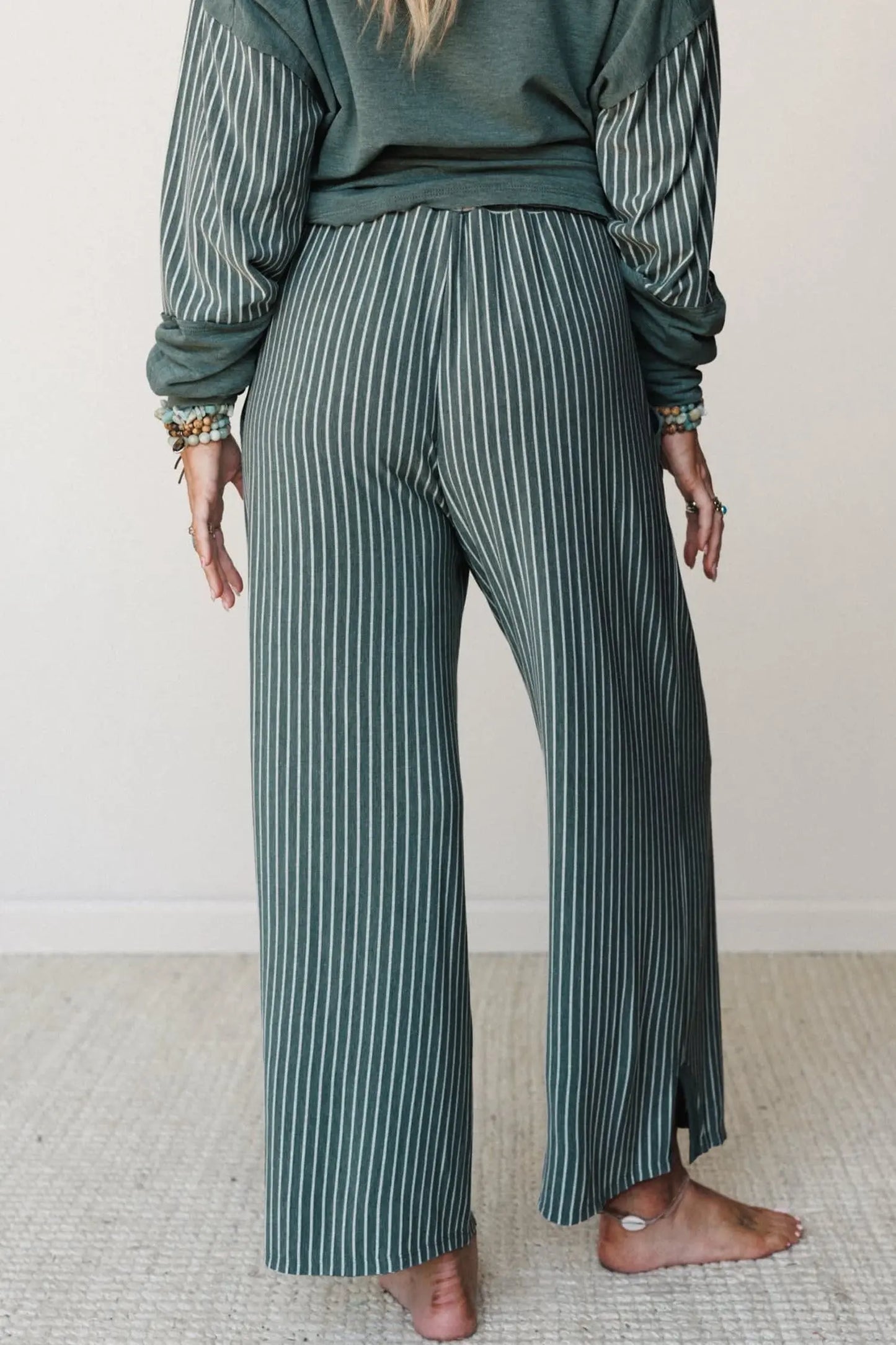 Green Bay Raw Seam Patchwork Long Sleeve Top Pocket Casual Pants 2pcs Set