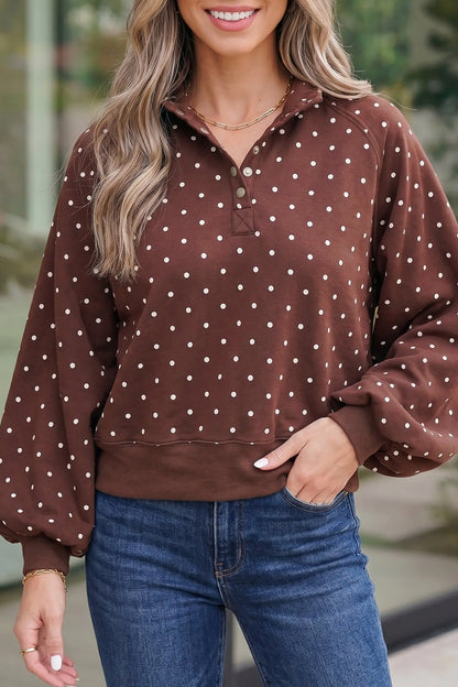 Pink Polka Dot Print Metal Button Collar Casual Pullover Sweatshirt