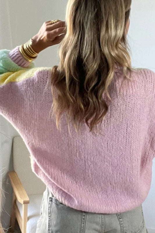 Yellow V Neck Drop Shoulder Patchwork Regular Wash Knitwear Cardigan