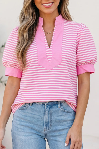 Pink Stripe Color Block Detail Split Neck Short Sleeve Blouse