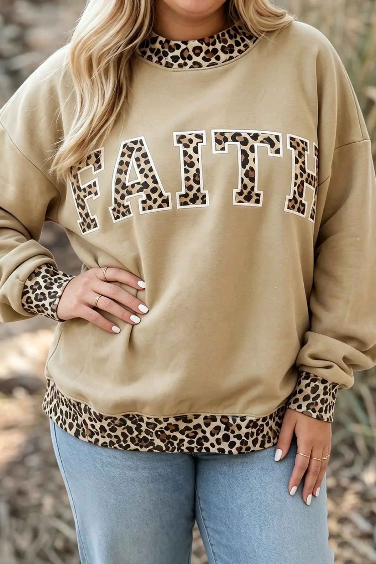 Parchment plus size leopard trim FAITH graphic sweatshirt, model front view · nz-alt-v1