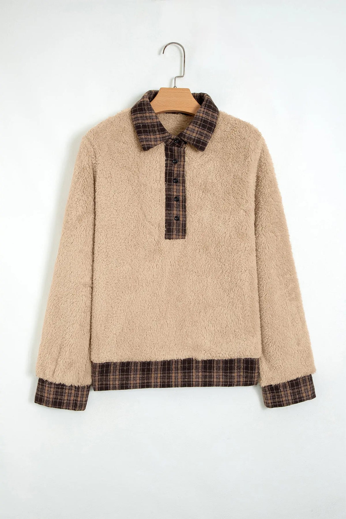 Light French Beige Plaid Collar Button Front Fleece Pullover Sweatshirt