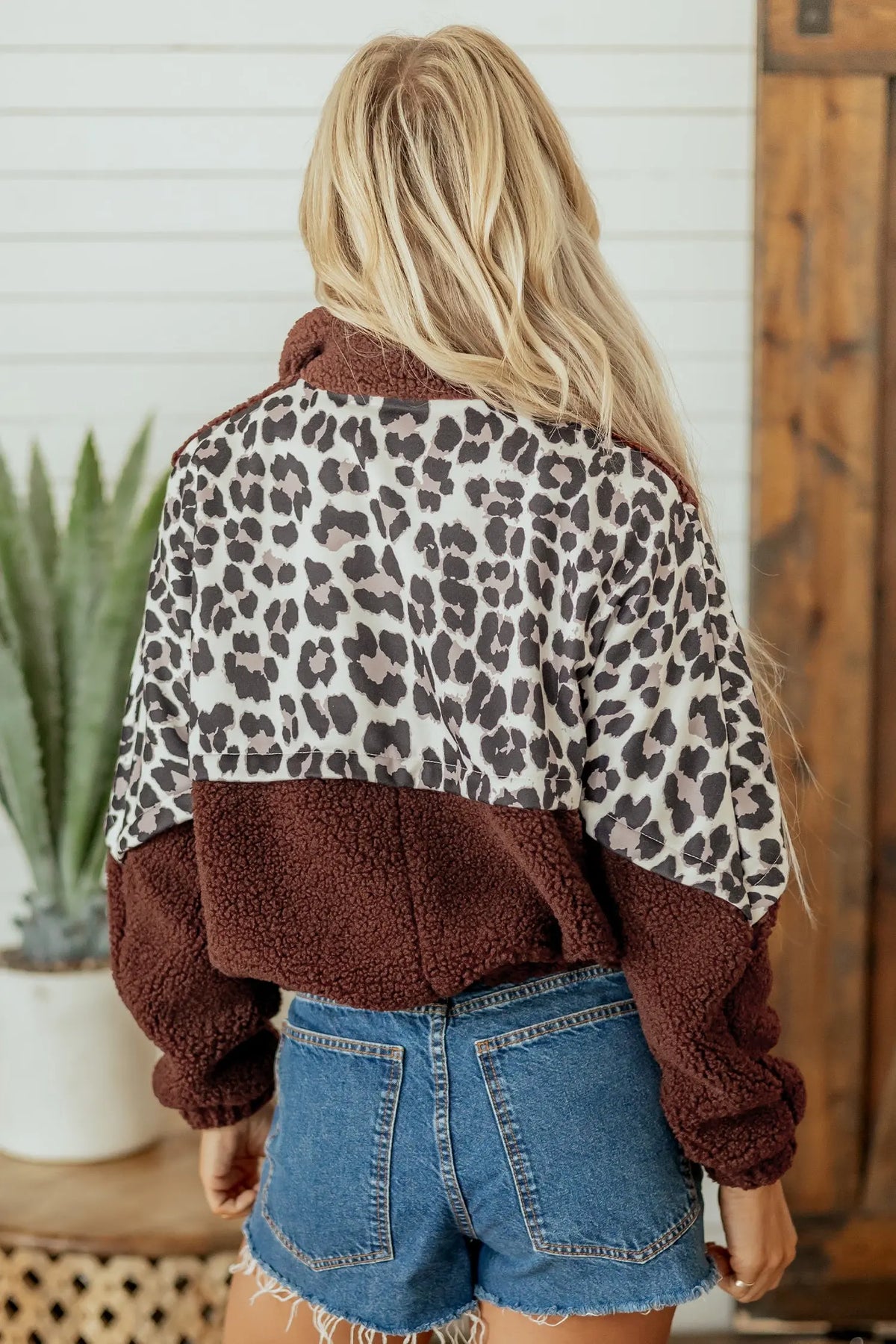 Coffee Leopard Patchwork Fleece Western Style Zip-up Collar Jacket