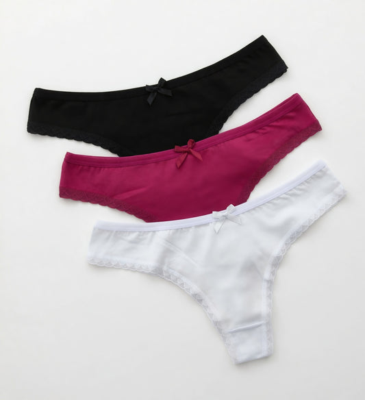 Pack of 3 stretch thong with lace trimming 95% cotton