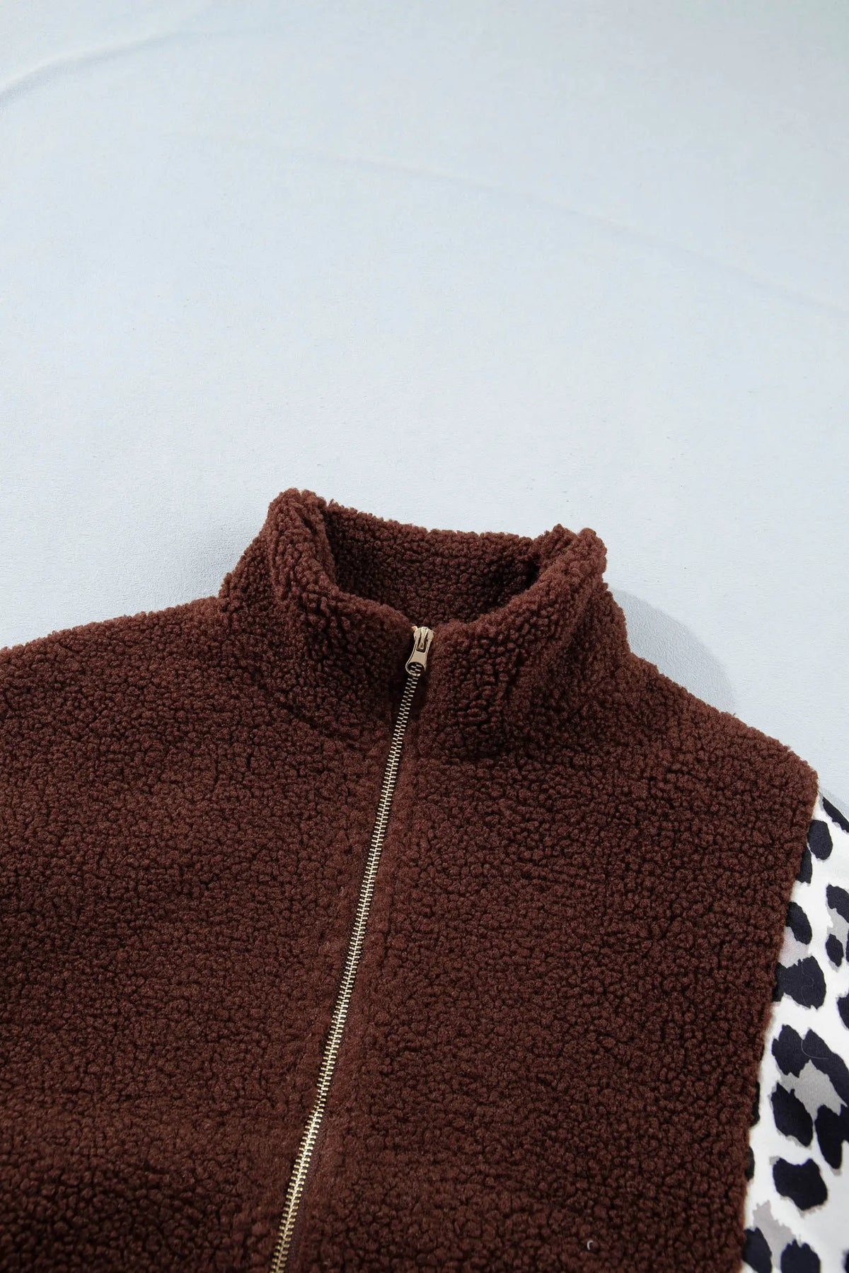 Coffee Leopard Patchwork Fleece Western Style Zip-up Collar Jacket