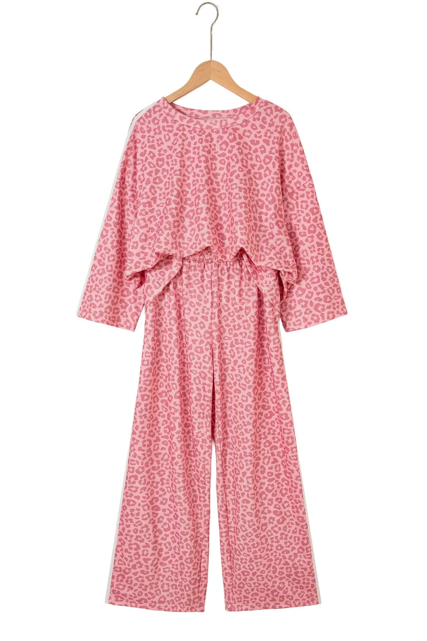 Apricot Leopard Print Varsity Striped Detail 3/4 Sleeve Top Shift Pant Set