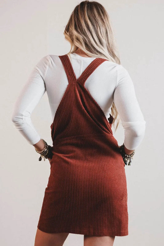 Clay Ribbed Corduroy Zip-Up Sleeveless Pocket Sheath Dress model back view · nz-alt-v1