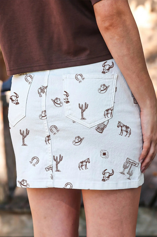 White Western Print Cactus Horse Bull Denim Skirt