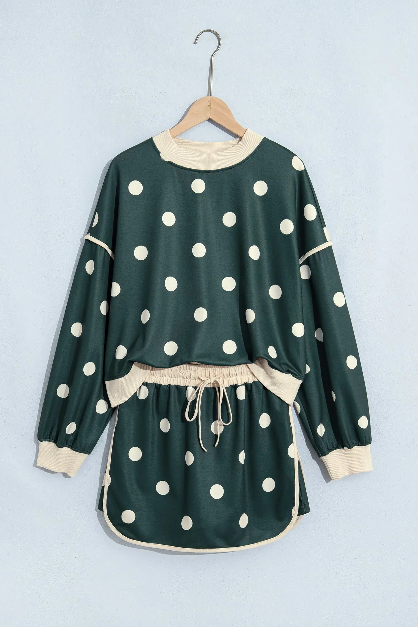 Green Polka Dot Print Color Block Trim Baggy Pullover Drawstring Skirt 2pcs Set