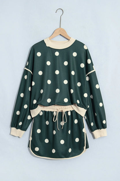 Green Polka Dot Print Color Block Trim Baggy Pullover Drawstring Skirt 2pcs Set