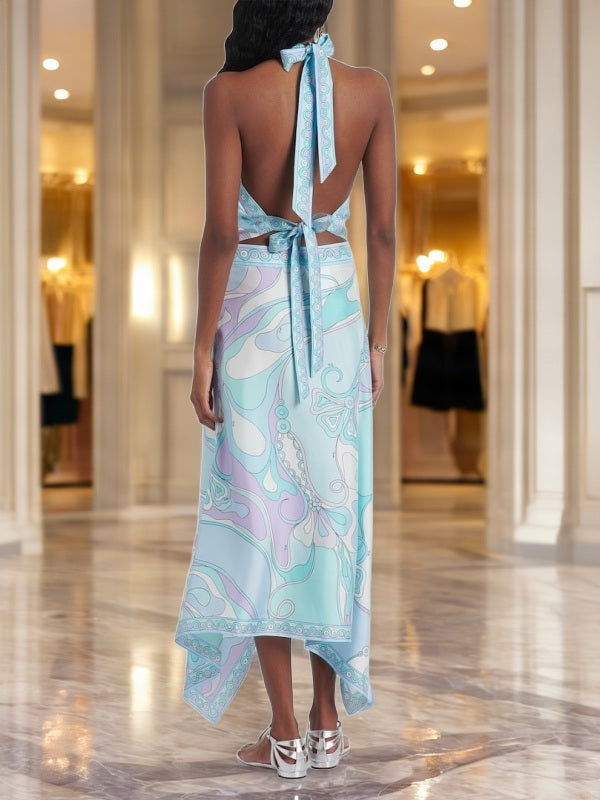 Swirl Print Halter Top and Handkerchief Hem Midi Skirt Set model back view · nz-bg-v1
