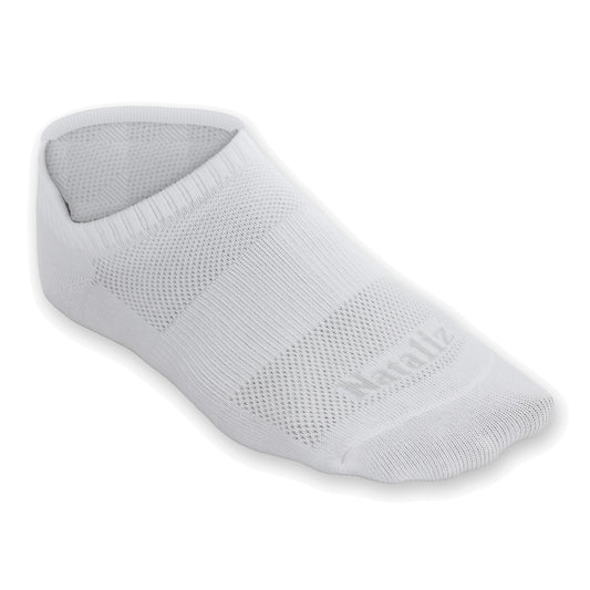 Nataliz® white low cut sock close-up, combed cotton knit with ribbed cuff