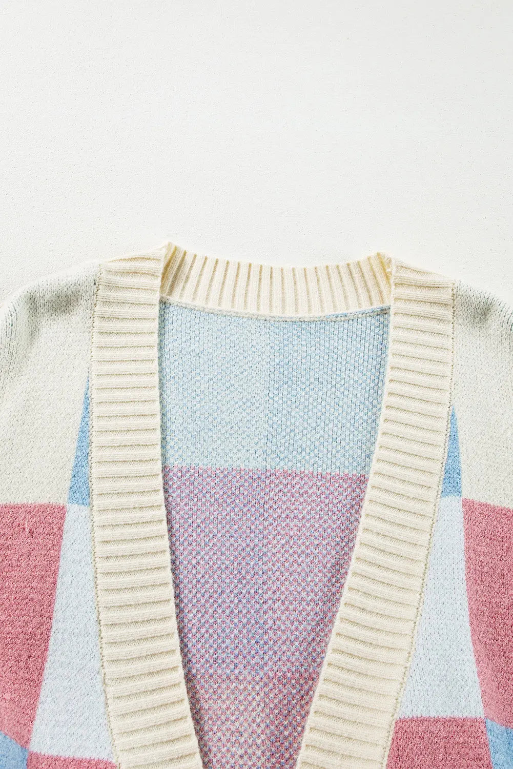 Red Light Checkered Drop Shoulder Exposed Seam Open Front Cardigan